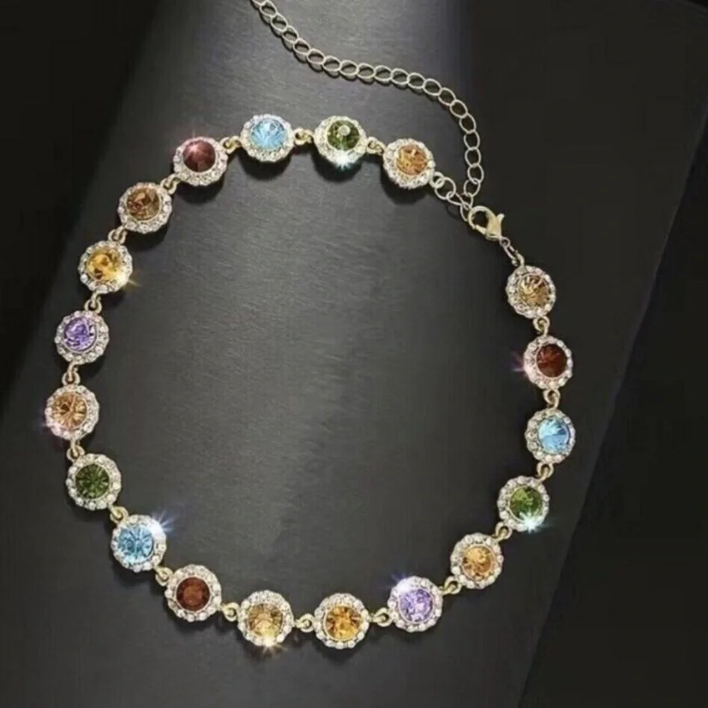 14K Gold Plated Rhinestones Multicolor Necklace Stainless Steel Jewelry Womens
